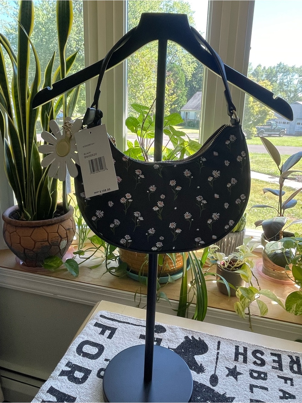 Betsey Johnson Black Crescent Bag with White Daisy Print